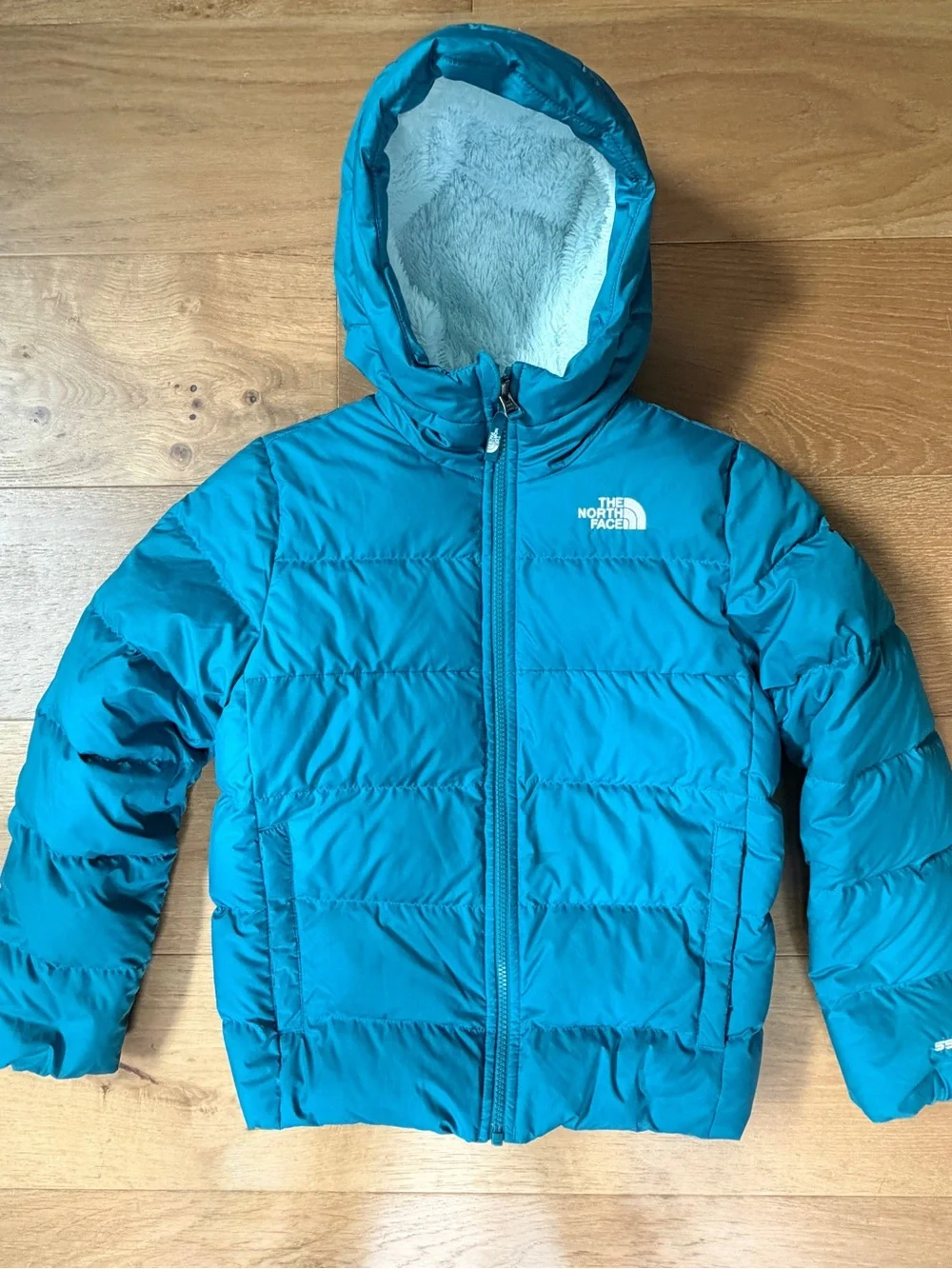 The North Face Youth 550 Down Fleece Lined Teal Blue Puffer Jacket Coat M 10/12
